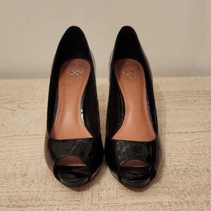 Vince Camuto Glossy Black Peep-Toe Heels